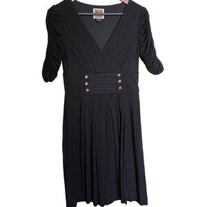 Nue by Shani Dress Size 6 Black Ruched 3/4 Sleeves Buttons Pleating Crossover